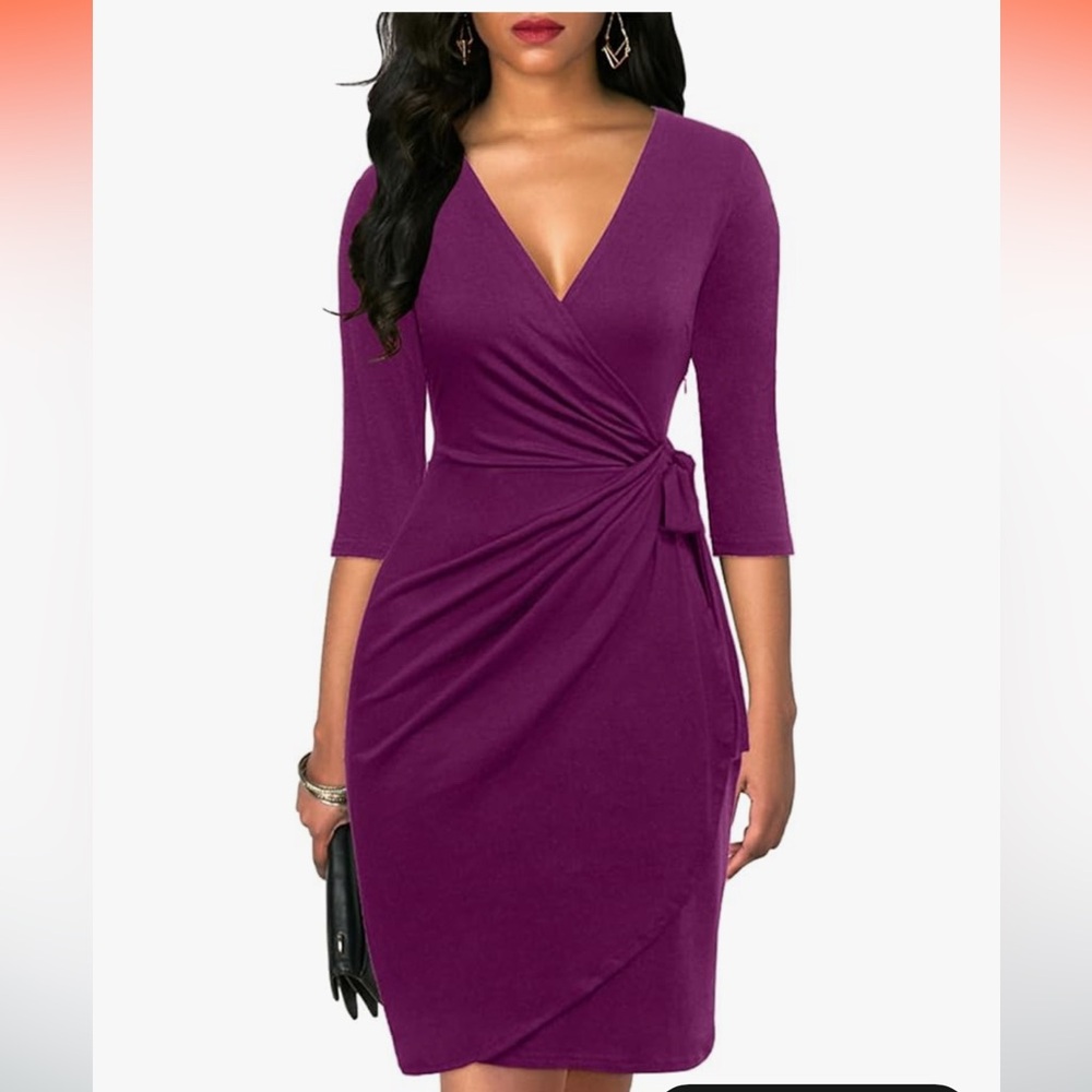 Women's Purple 3/4 Sleeve V Neck Wrap Dress